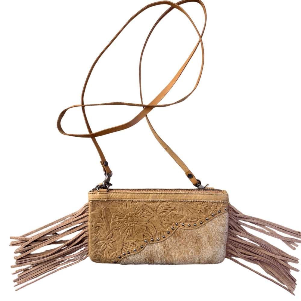Montana West Leather Hair-on-Hide Tooled Floral Fringe Crossbody‎ Bag Tan Small
